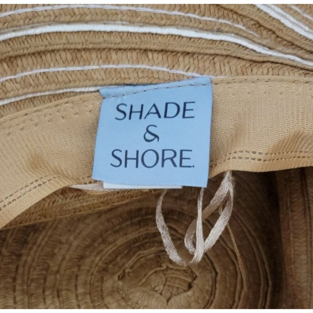 Shade & Shore Wide Brim Straw Sun Hat Tan & White Striped Packable Beach Hat - Picture 4 of 6